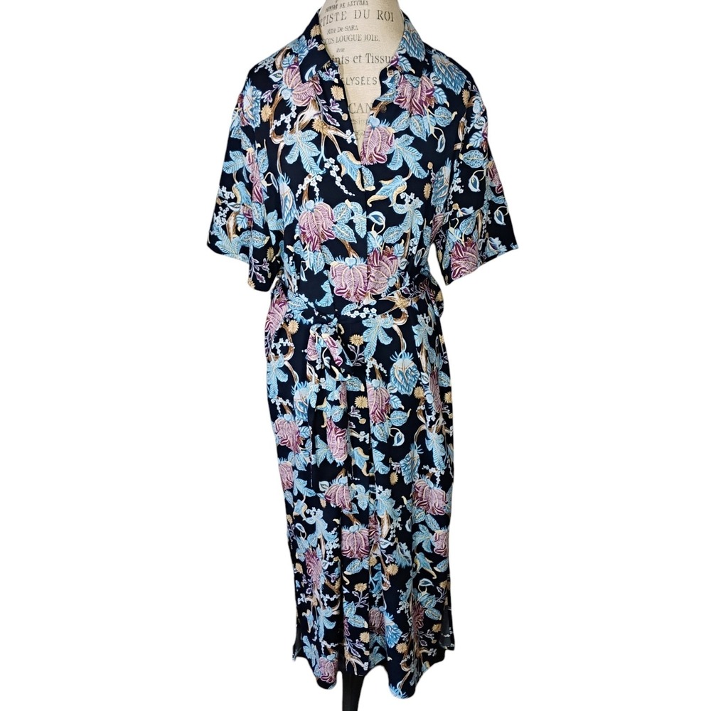 Vince Camuto Shirt Dress Womens XL Blue Floral Maxi Waist Tie Tropical Vacation